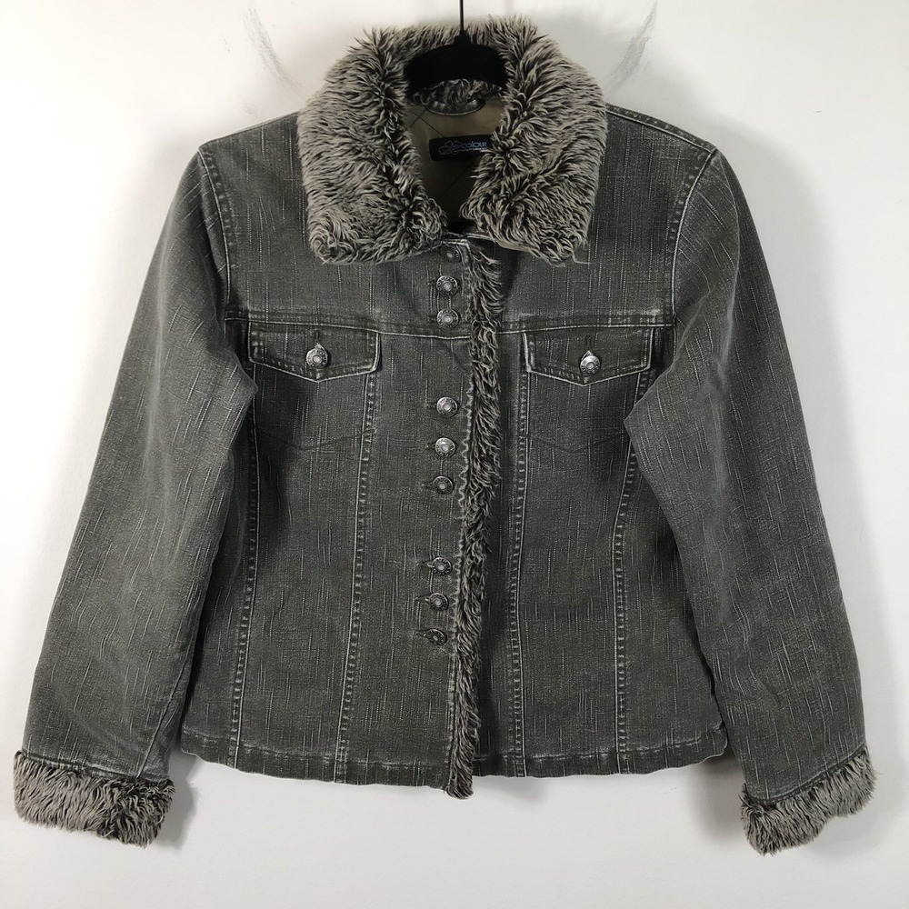 Vintage In-Colour Denim Trucker Jean Jacket Fur Collar & Sleeves Sz M Dark Gray